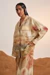 Shop_Cord_Beige Linen Printed Botanical Notched Lapel Shirt And Flared Pant Set For Women_at_Aza_Fashions