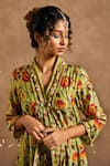 Shop_Label Kinjal Modi_Green Cotton Silk Printed Floral High Neck Collar Tunic And Pant Set _at_Aza_Fashions