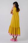 Shop_Tussah By Siddhi Shah_Yellow Cotton V-neck Tiered Dress _at_Aza_Fashions