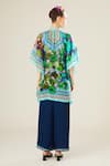 Shop_Rajdeep Ranawat_Blue Silk Floral Mandarin Collar Manju Pattern Poncho Top  _at_Aza_Fashions