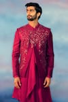 Shop_Rohit Gandhi + Rahul Khanna_Red Viscose, Satin, Chanderi Canyon Floral Embellished Bandhgala Kurta Set _at_Aza_Fashions