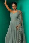 Shop_Rishi And Soujit_Grey Georgette Embroidery Swarovski Jumpsuit Gathered With Cape  _at_Aza_Fashions