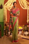 Shop_Siddhartha Bansal_Green Silk Organza Embroidered Floral Round Saree With Chevron Blouse  _at_Aza_Fashions