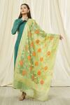 Shop_Naintara Bajaj_Green Cotton, Silk Fringe, Embroidery Floral Motif Pattern Dupatta _at_Aza_Fashions