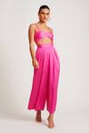 Shop_Sorbae_Fuchsia Satin Notched Neck Textured Pattern Overlay And Pant Set_at_Aza_Fashions