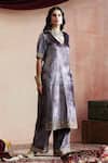 Shop_Weaver Story_Grey Velvet Hand Embroidered Resham V Neck Kurta Set _at_Aza_Fashions