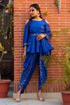 Shop_Kefi Collections_Blue Raw Silk Embroidery Round Baani Peplum Top And Dhoti Pant Set  _at_Aza_Fashions