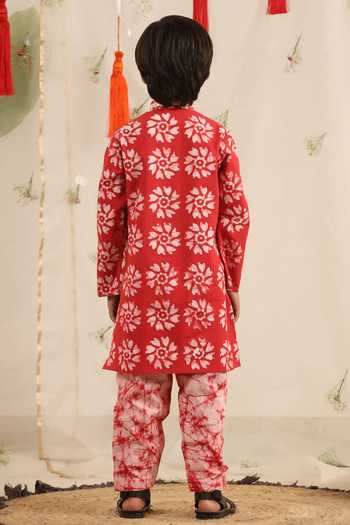 Shop_Cute Couture_Red Poplin Embroidery Printed Jacket Kurta And Pant Set _at_Aza_Fashions