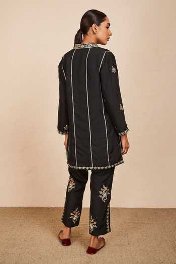 Shop_Sue Mue_Black Silk Zari, Embroidery Mandarin Collar Short Kurta And Pant Set _at_Aza_Fashions