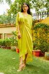 Shop_Omana By Ranjana Bothra_Yellow Satin Sequins V-neck Knotty Draped Kaftan _at_Aza_Fashions