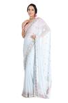Shop_Summer By Priyanka Gupta_Blue Chiffon Hand Embroidered 3d Flower Saree With Blouse _at_Aza_Fashions