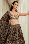 Sawan Gandhi_Gold Georgette Plunge V Neck Badla Work Bridal Lehenga Set _Online_at_Aza_Fashions