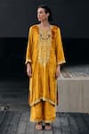 Shop_Label Varsha_Yellow Velvet Embroidery Round Neck Floral Scatter Phiran Pant Set_at_Aza_Fashions