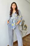 Garima Bindal_Blue Pure Crepe Printed Marble Collared Neck Shirt And Pant Set _Online_at_Aza_Fashions