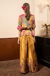 Shop_Soniya G_Yellow Satin Printed Floral V Neck Top And Pleated Pant Set _at_Aza_Fashions