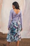 Shop_Kauza_Blue Printed Abstract Plunge V Neck Amethyst Solid Top And Skirt Set _at_Aza_Fashions
