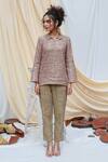 Shop_Couché By Anandini_Beige Tweed Sequin And Beads Spread Collar Top & Trouser Set _at_Aza_Fashions