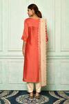 Shop_Aryavir Malhotra_Coral Kurta Silk Chanderi Embroidery Stripe Round Set_at_Aza_Fashions