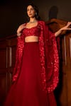 Shop_Mishru_Red Cape And Skirt Organza Embroidery Floral Leia Lehenga Set _at_Aza_Fashions