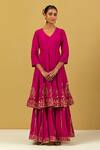 Shop_Ikshita Choudhary_Magenta Muslin, Silk, Organza Embroidery, Sequins Floral Anarkali Sharara Set _at_Aza_Fashions