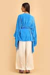 Shop_Label Ivish_Blue Silk V-neck Kimono Jacket And Trouser Set With Belt _at_Aza_Fashions