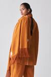 THREE_Orange Shirt And Pant Handloom Cotton Round Dolman Sleeve Set _Online_at_Aza_Fashions