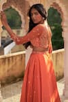 Shop_Zoon_Orange Lehenga And Dupatta 100% Satin Organza Embroidery Floral Placement Set _at_Aza_Fashions