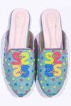 Shop_Soleart_Blue Hand Embroidered - Beads Monogram Mules _at_Aza_Fashions