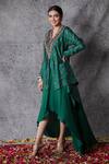 Shop_Shachi Sood_Green Dupion Silk Floral V Neck Flower Embroidered Short Kurta And Skirt Set _at_Aza_Fashions