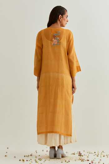 Shop_Prama By Pratima Pandey_Yellow Chanderi Embroidered Parsi Round Maxi Dress With Inner  _at_Aza_Fashions