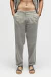 Shop_Terra Luna_Grey 100% Organic Handloom Oxford Cotton Solid Pleated Pant _at_Aza_Fashions