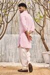 Shop_Charkhee_Pink Kurta  Dobby Cotton Solid Full Sleeve Pathani And Salwar Set _at_Aza_Fashions
