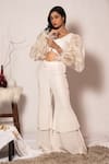 Shop_Vanshika Agarwal Label_White Organza, Moss Crepe, Lining Front Ruched Top And Two Layer Pant Set _at_Aza_Fashions