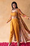 Shop_Shachi Sood_Yellow Dupion Silk Floral Square Neck Pearl Hand Embroidered Top Pant Set _at_Aza_Fashions
