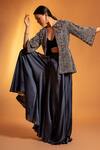 Shop_Sejal Kamdar_Blue Pure Satin Crepe Ajrak Embellished Jacket And Fluid Pant Set _at_Aza_Fashions