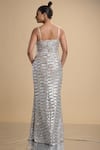 Shop_Kommal Sood_Silver Lycra Stretch Net Embroidered Sequins V Neck Overlap Gown  _at_Aza_Fashions