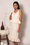 Shop_Vanshika Agarwal Label_Ivory Denim, Taffeta V-neck Textured Peplum Top And Straight Skirt Set _at_Aza_Fashions