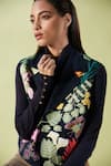 Shop_Betrue_Blue Viscose, Linen Embroidery Mandarin Collar Floral Waistcoat _at_Aza_Fashions