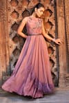 Shop_Mehak Murpana_Pink Crepe Embellished Floral Boat Neck Gown With Belt _at_Aza_Fashions