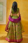 Shop_Basil Leaf_Green Tussar, Chiffon, Organza Sequins, Zari, Lotus Garden Print Lehenga Set_at_Aza_Fashions
