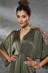 Shop_Aditi Somani_Green Silk Suede Geometric V Neck Kaftan Tunic _at_Aza_Fashions