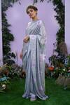 Shop_Pooja Bagaria_Silver Silk, Spandex Diamonds, Sequins Pre-draped Embellished Saree With Blouse_at_Aza_Fashions
