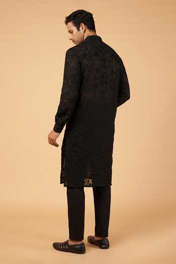 Shop_Rabani & Rakha_Black Georgette, Cotton Satin, Cotton, Silk Resham Work Kurta Pant Set _at_Aza_Fashions