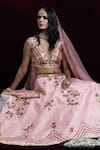 Shop_Kanj by Priyanka A Sakhuja_Pink Raw Silk Embroidered Sequin Illusion V Neck Shahista Lehenga Set  _at_Aza_Fashions