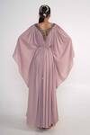 Shop_Merge Design_Pink Georgette, Crepe Stones, Embroidery, Fabric Flowers Floral Placket Kaftan _at_Aza_Fashions