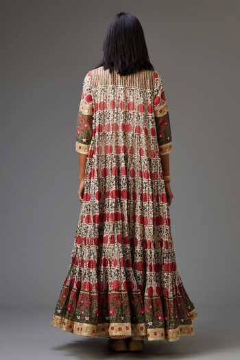 Shop_Kora_Red Cotton, Silk, Chanderi Gota Patti, Hand Block Print Tiered Anarkali Set _at_Aza_Fashions