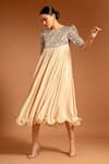 Shop_Sejal Kamdar_Beige Pure Satin Crepe Embellished Yoke Ajrak Round Neck Dress  _at_Aza_Fashions