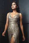 Shop_Rohit Gandhi + Rahul Khanna_Gold Tulle Sequins, Crystals Plunge Neck Arella Linear Embellished Gown _at_Aza_Fashions