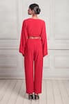 Shop_Couche_Red Punto Woven Plain V Neck Crop Top And High Waisted Pant Set  _at_Aza_Fashions