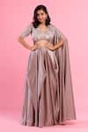 Shop_PIRI INDIA_Purple Silk, Satin Beads, Sequins, Pearls High Neck Milano Pre-draped Saree Set _at_Aza_Fashions